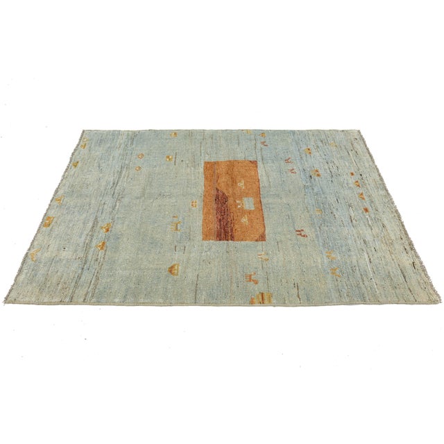 4x6 Modern Hand-Knotted Gabbeh Wool Rug – Vibrant Blue & Sunset Orange Tribal For Sale In New York - Image 6 of 8