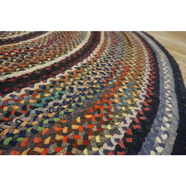 1930s Multicolor Geometric Folk Art Antique American Braided Rug 9'10'' X 9'10'' Oval Carpet For Sale - Image 12 of 12