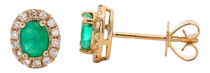 Certified Oval Cut Emerald & Diamond Halo Stud Earring in 14k Gold - 2 Pieces