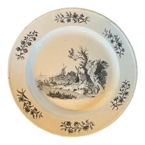 Antique 18th Century English George III Creamware Plate With Black Transfer Country Landscape Scene Circa 1770