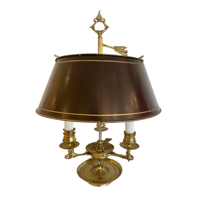 Antique Miller & Sons Brass Buillotte Lamp With Chocolate Brown Metal Shade For Sale