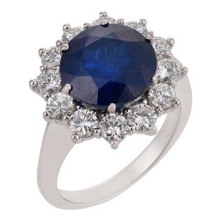 Vintage Gia 4.00 Carat Sapphire Diamond 18k White Gold Cluster Ring, Size 5 For Sale