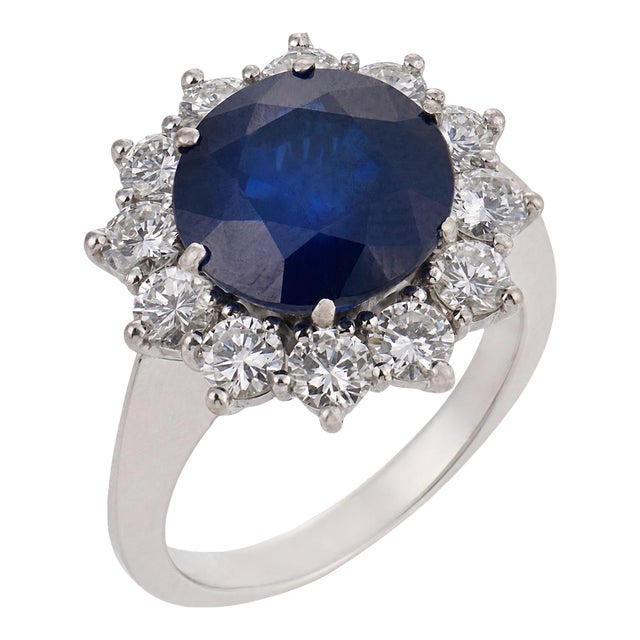 Vintage Gia 4.00 Carat Sapphire Diamond 18k White Gold Cluster Ring, Size 5 For Sale
