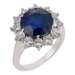 Vintage Gia 4.00 Carat Sapphire Diamond 18k White Gold Cluster Ring, Size 5