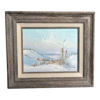Mid Century Coastal Beach Scene Oil Painting 8 X 10” Framed For Sale