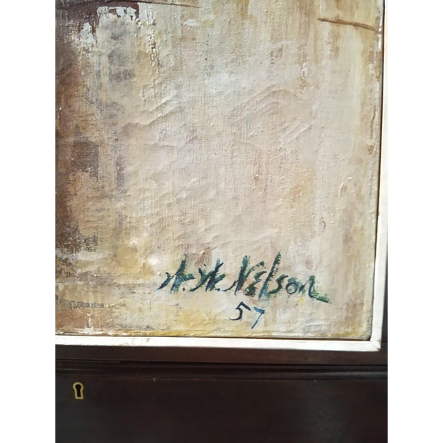 Mid-Century Modern 1957 Mid-Century Abstract Oil Painting, Signed Nelson For Sale - Image 3 of 3
