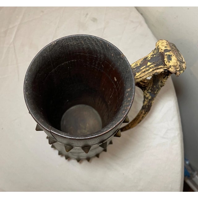 Bone Antique 1800's Handmade German Carved Wood Stag Horn Brass Stein Tankard Pitcher For Sale - Image 7 of 10