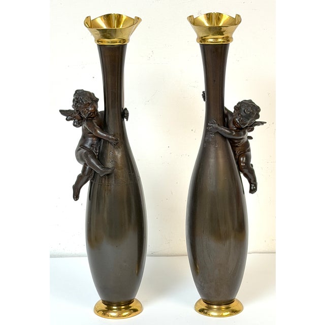Pair 19th C. Gilt & Patinated Metal Cupid Candlesticks, After Auguste Moreau For Sale - Image 4 of 12