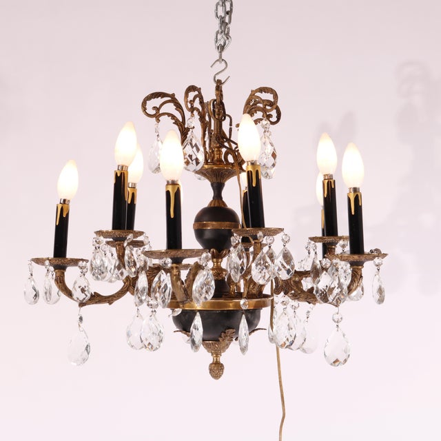 1930s French Empire Ebonized & Gilt Metal Chandelier 1930 For Sale - Image 5 of 12