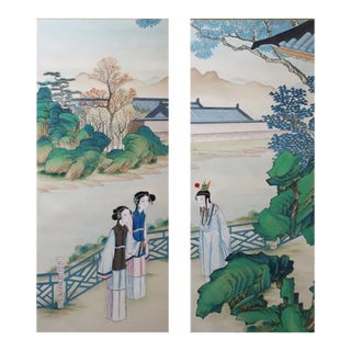24“*48”/ Panel, Dream of Red Mansions, Court Ladies Chinoiserie Handmade Wall Panels, a Set of 2 Panels, No Frame, Tea Paper For Sale