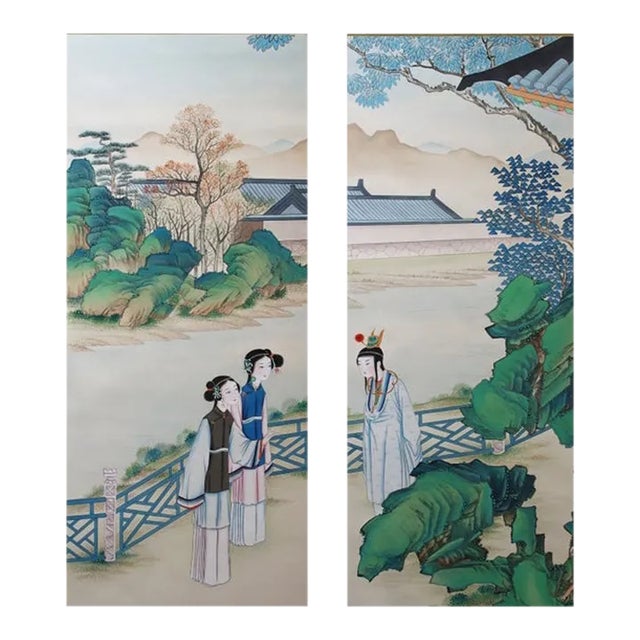 24“*48”/ Panel, Dream of Red Mansions, Court Ladies Chinoiserie Handmade Wall Panels, a Set of 2 Panels, No Frame, Tea Paper For Sale