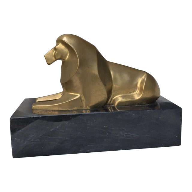 Small Lion Statue - Brass on Marble Base For Sale