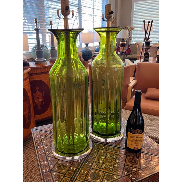 Glass Large Pair Blenko Mid Century Olive-Green Ribbed Vases Now as Lamps For Sale - Image 7 of 7