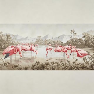 Hand‑Painted Panoramic Flamingo Chinoiserie Wall Mural For Sale