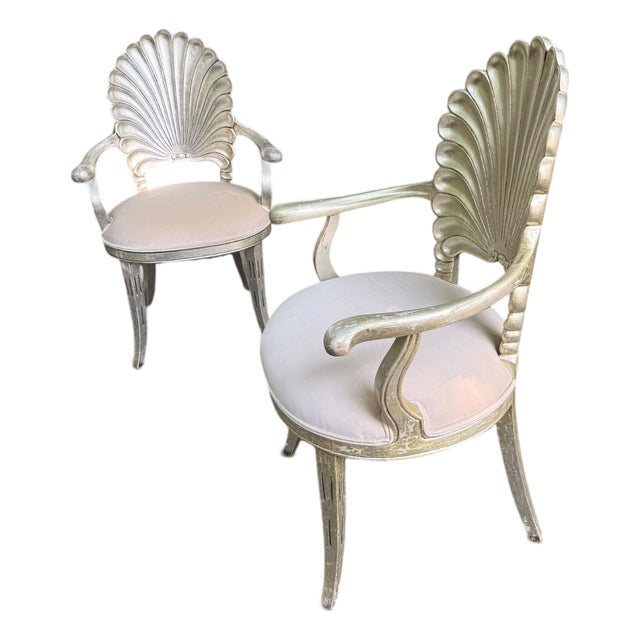 Late 20th Century Hollywood Regency Silver Leaf Shell Back Armchairs in Brunschwig & Fils Velvet – Pair For Sale