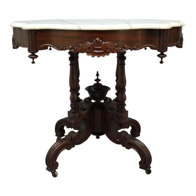 Renaissance Revival Carved Walnut & Marble Turtle Top Table C1890 For Sale - Image 12 of 14