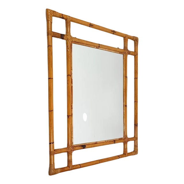 Very Large Vintage Mirror with Geometric Decor in Bamboo Cane and Rattan, Italy, 1970s For Sale
