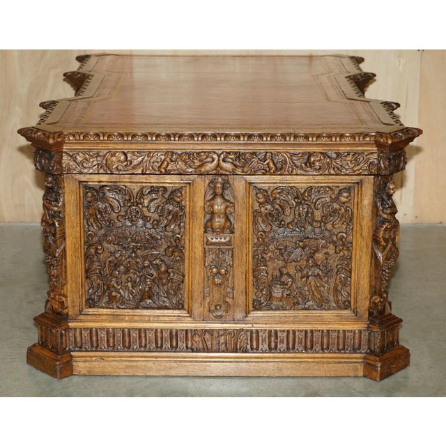 Museum Quality Victorian Walnut Partner Desk With 17th-Century Carved Panels For Sale - Image 17 of 18