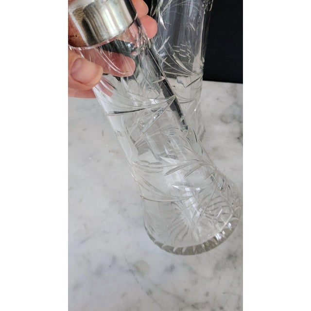 Antique English Sterling Silver & Cut Crystal Decanter Pair — 1899 Birmingham j.g & S Hallmarked, Etched Floral Pattern, Edwardian Bar Cart Accents For Sale In New York - Image 6 of 16