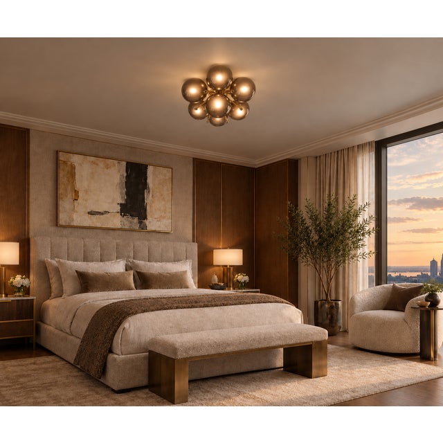 Metal Sakura Polished Brass Frosted Smoky Murano Globe Flush Mount by Fabio LTD For Sale - Image 7 of 7
