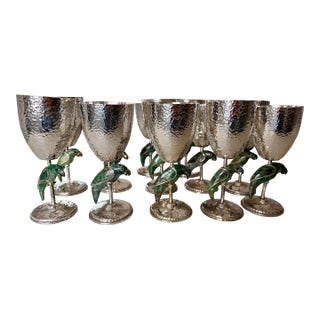 Vintage Set of 12 Los Castillo Wine Glasses, Goblets, Stemware, With Parrots For Sale