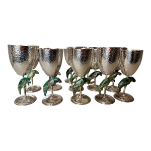 Vintage Set of 12 Los Castillo Wine Glasses, Goblets, Stemware, With Parrots