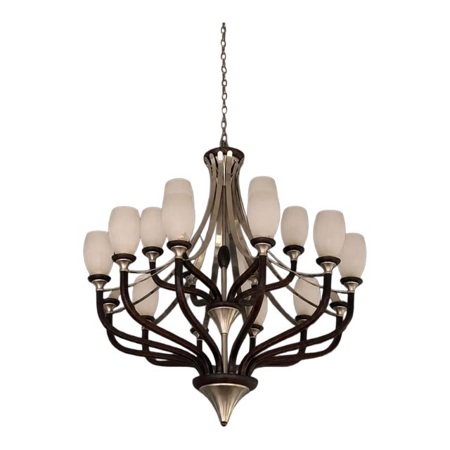 Large 20-Light Chandelier – Dark Wood & Brushed Nickel With Frosted Glass Shades For Sale