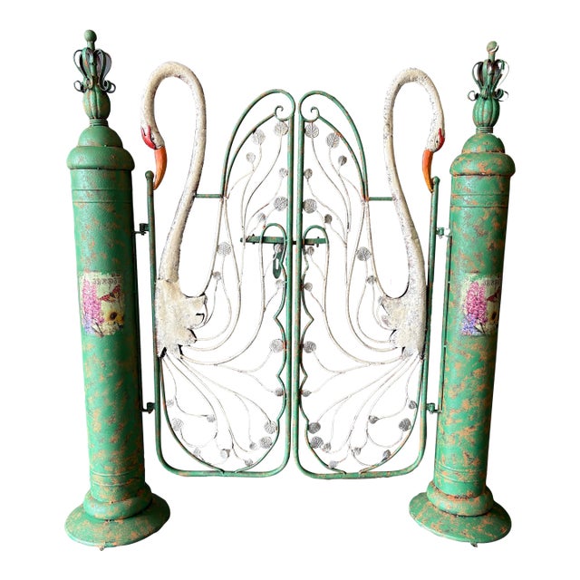 Whimsical Cast Metal Swan Double Garden Gate - a Pair For Sale