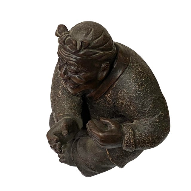 2000 - 2009 Chinese Distressed Brown Rough Marks Ceramic Clay Man Art Figure For Sale - Image 5 of 6