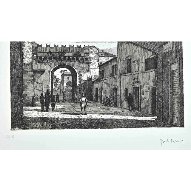 Roman View is an artwork realized by Giuseppe Malandrino. Print in etching technique and hand watercolored. Hand-signed by...
