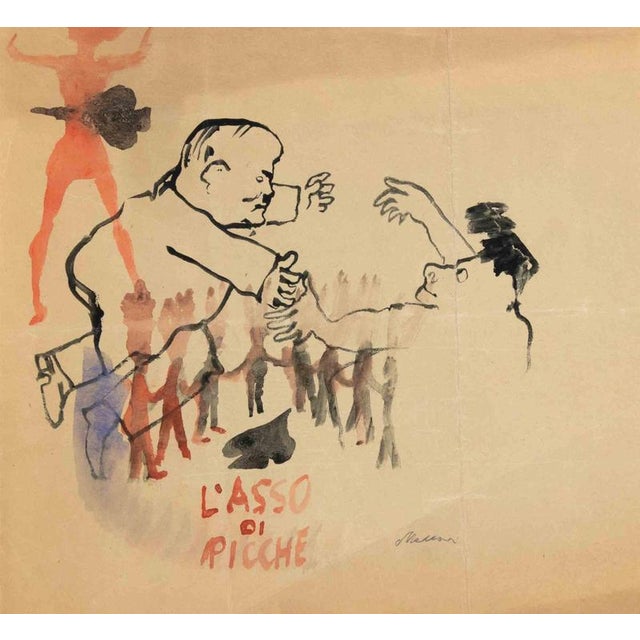 Mino Maccari, The Ace of Spades, 1955, Watercolor For Sale - Image 3 of 3