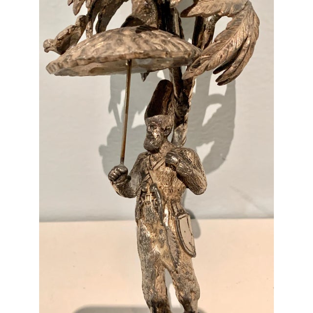 Metal Folk Art Silver Man Holding Umbrella with Bird Sculpture For Sale - Image 7 of 9