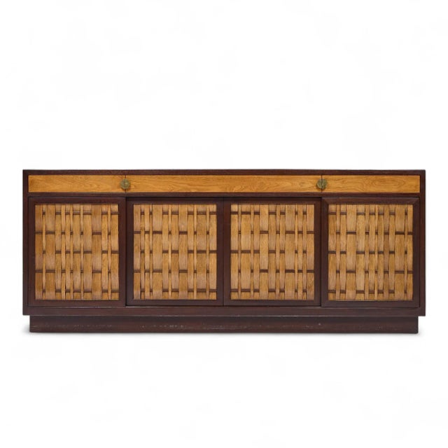 Edward Wormley for Dunbar Mid Century Basketweave Rosewood and Mahogany Credenza This credenza measures: 80 wide x 18 deep...