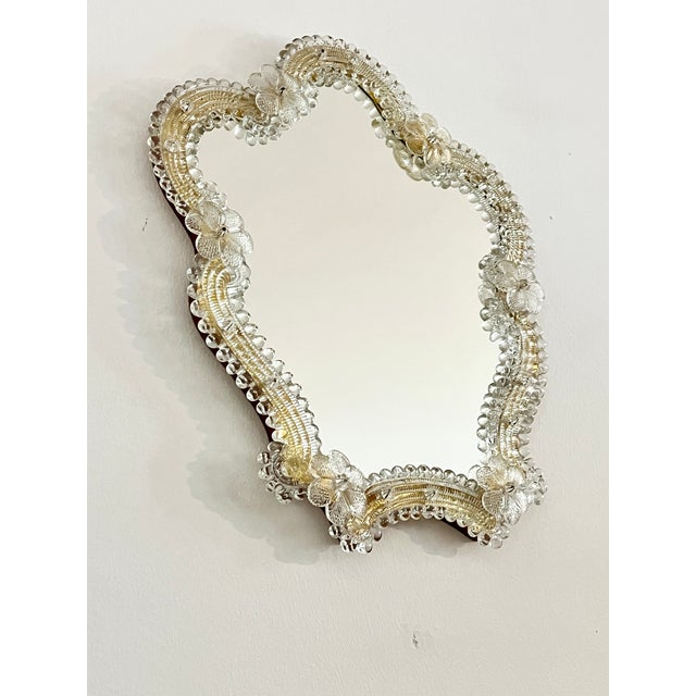 Glass Vintage Hollywood Regency Floral Murano Glass Wall Mirror, Italy, 1970s For Sale - Image 7 of 13