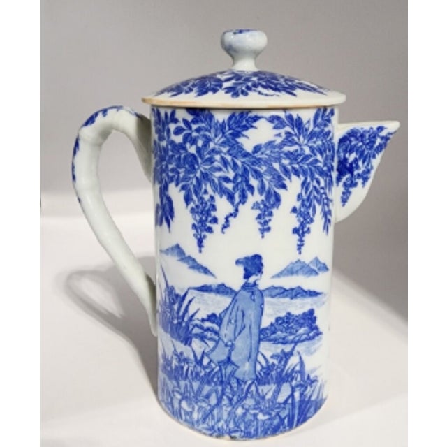 Blue Antique Blue and White Porcelain Chinoiserie Japanese Hot Water Pitcher For Sale - Image 8 of 12