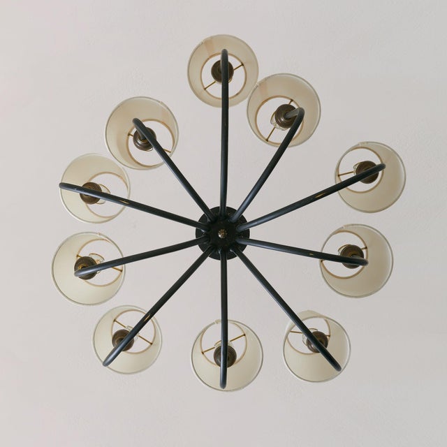 Vintage French Black Iron 10-Arm Chandelier with Shades For Sale - Image 4 of 7