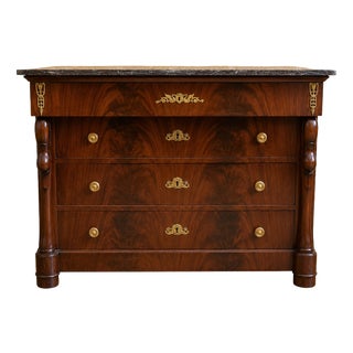 Empire Style Commode with Swan-Neck Handles in Flamed Mahogany and Black Marble, 1920s For Sale