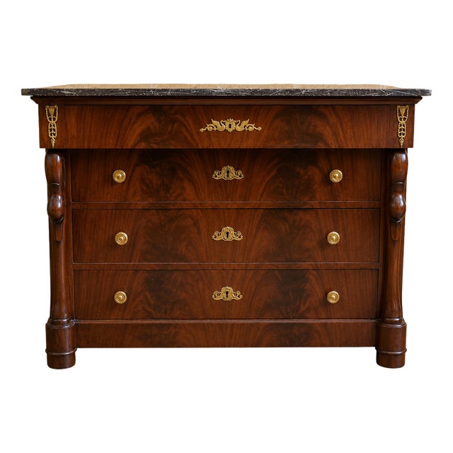 Empire Style Commode with Swan-Neck Handles in Flamed Mahogany and Black Marble, 1920s For Sale