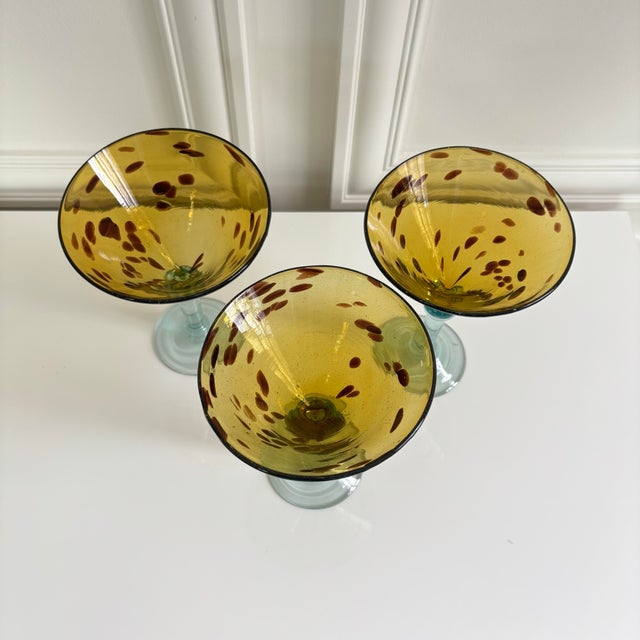 Vintage Hand-Blown Tortoise Shell Pattern Blue Stem Martini Glasses - Set of 3 For Sale In Chicago - Image 6 of 7