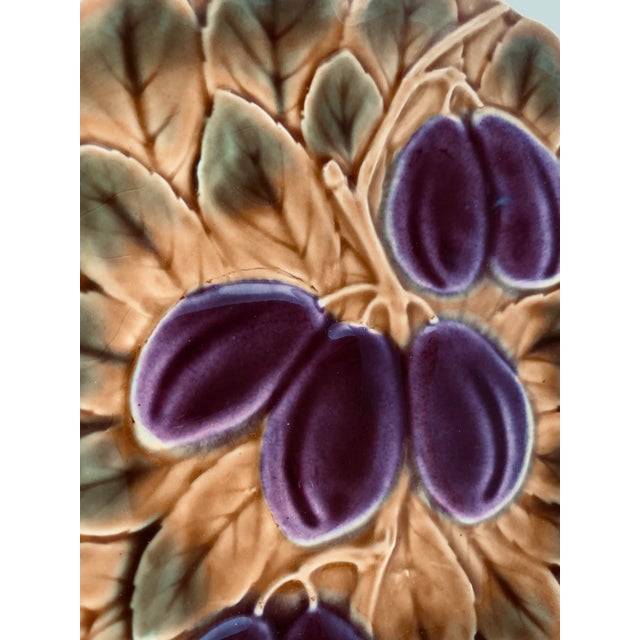Mid 20th Century Vintage French Parry & Vieille Majolica Fruit (Plum & Pear) Plates in the Style of De Serreguemines- Set of 2 For Sale - Image 5 of 12