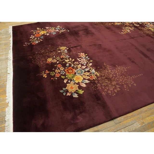 1920s Red Wine Floral Antique Chinese Art Deco Rug 8'8" X 11'4" Knotted Pile Wool Carpet For Sale In New York - Image 6 of 12