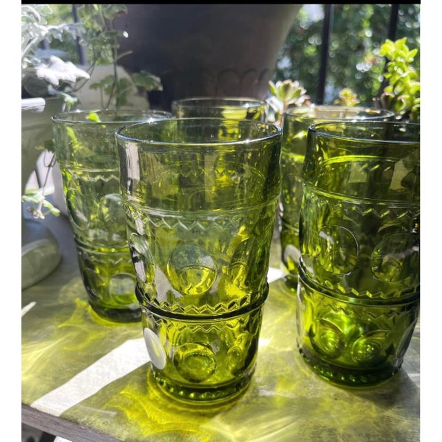 Bottle Green MCM Vintage Pressed Glass Thumbprint Tumbler Retro For Sale - Image 8 of 12