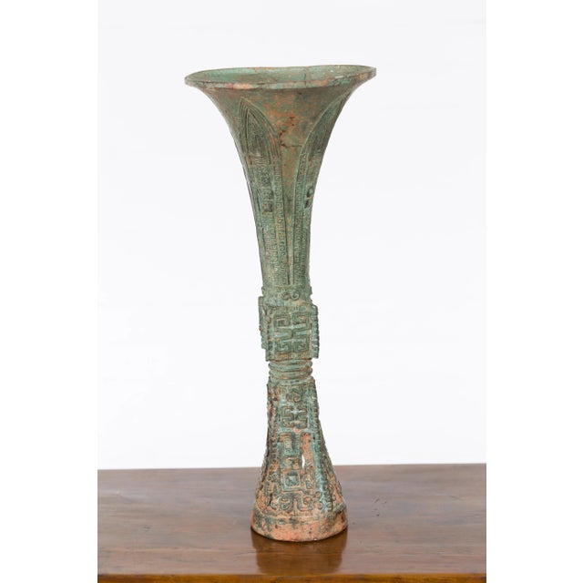Vintage Lost Wax Cast Bronze Flute Shaped Ceremonial Vessel with Verde Patina For Sale - Image 11 of 12