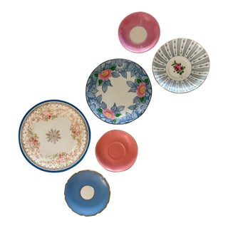 Early 20th Century Limoges Blue, Gold, and Pink Roses Desert Plate and Saucer Wall Plate Curation- Set of 6 For Sale
