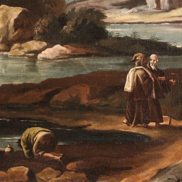 Antique Italian painting from the 18th century. Framework oil on canvas depicting a landscape with figures of good...