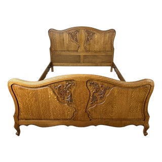 Vintage French Louis XVI Double Bed Frame in Carved Oak For Sale