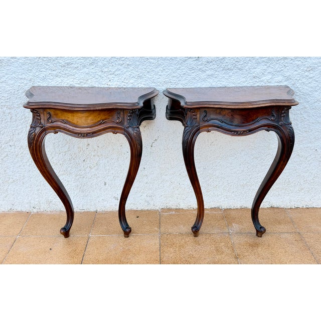 French Louis XV Style Walnut Wall-Mounted Bedside Tables, 1930, Set of 2 For Sale - Image 11 of 16
