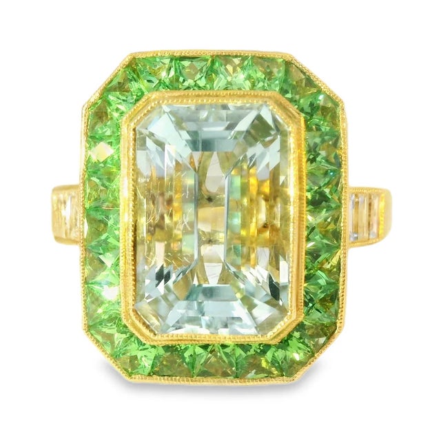 Art Deco 1920s 18K Yellow Gold Aquamarine Diamond Tsavorite Mosaic Ring Art Deco Estate, Size 6.75 For Sale - Image 3 of 3