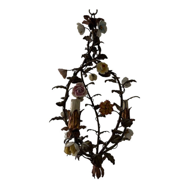 Italian Petit Tole With Porcelain Flowers Polychrome Chandelier, C. 1870 For Sale