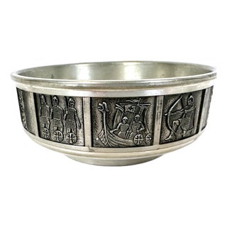 Vintage Norwegian Bowl with Viking Scenes from Konge Pewter H.S., 1960s For Sale